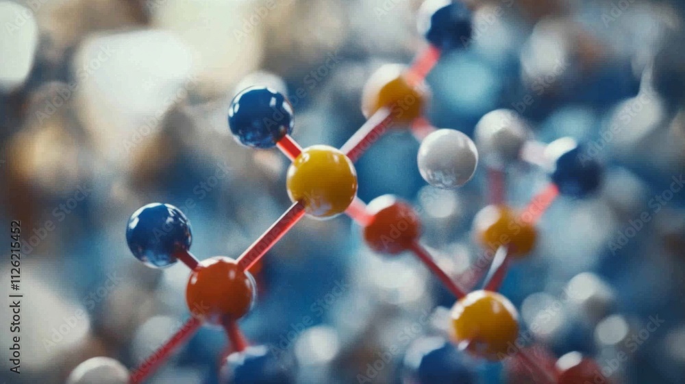 Poster molecular model of colorful spheres connected by red lines, vibrant network pattern on blue and whit