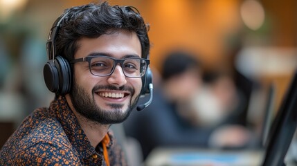 Smiling male operator wearing headset and glasses working in call center