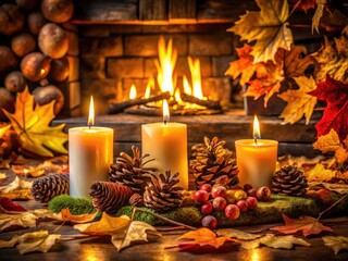 Cozy Autumn Fireplace: Low Light Candlelight Pinecones Leaves Photography