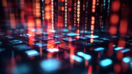 Fototapeta premium Futuristic Computer Keyboard Close-Up with Grid Pattern, Red and Blue Lights in Dark Background - Technological Concept