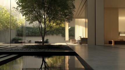 Fototapeta premium Serene Oasis: Modern Home with Reflective Pool and Lush Greenery