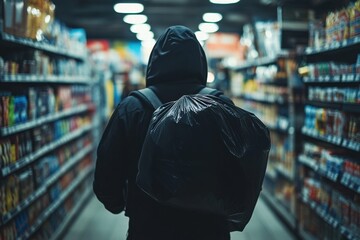 Individual wearing a hoodie and carrying a bag moves through a store aisle during theft incident