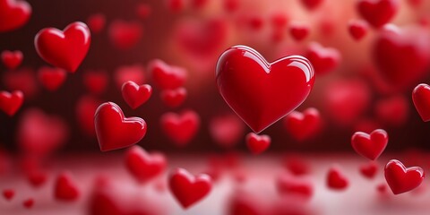 Red heart filled with love is surrounded by many other red hearts. Concept of warmth and affection, as the hearts are scattered throughout the scene, creating a feeling of unity and togetherness