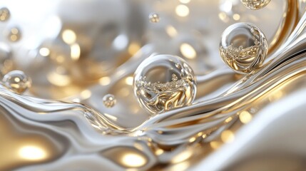 Liquid Metal Spheres Flowing Golden Waves