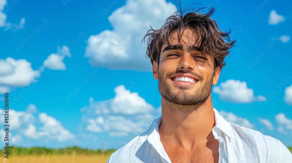 Poster man with a beard and a smile is standing in a field with a blue sky