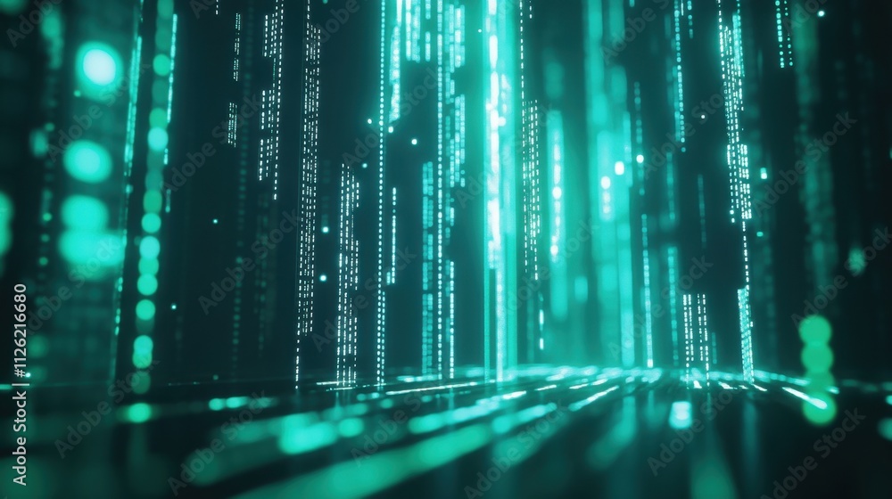 Poster futuristic cyberpunk-style glowing binary code on a black and green gradient background, ideal for t