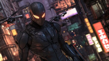 Obraz premium Futuristic Armored Soldier Stands In A City