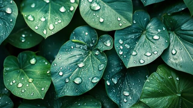 video of raindrops or dew on green leaves of plants, nature background, rain, tree, foliage, spring, garden, forest