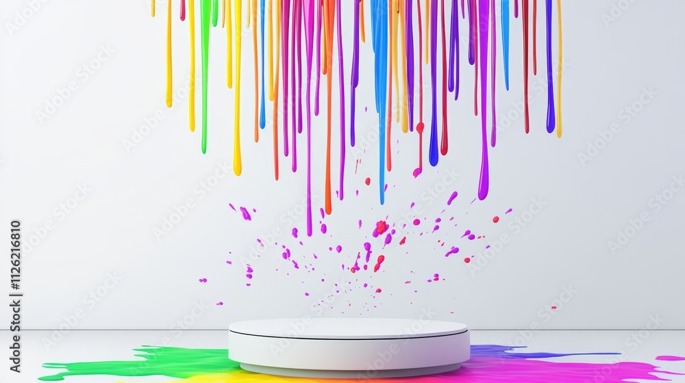 Poster white pedestal with colorful paint splatters on it. the splatters are in various colors, creating a 