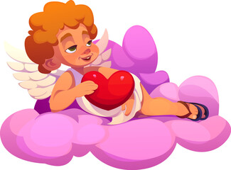 Cute cartoon cherub holding a heart lounging on pink cloud, symbolizing love, affection, passion and valentines day. Isolated vector charming angel wearing white gown and sandals exudes romantic mood
