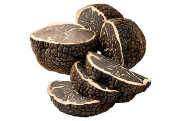 Fresh black Perigord truffles isolated on white transparent background, great for culinary and gourmet themes.