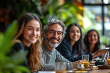 Obraz premium Happy family enjoys a cheerful breakfast together while surrounded by lush greenery at a cozy cafe