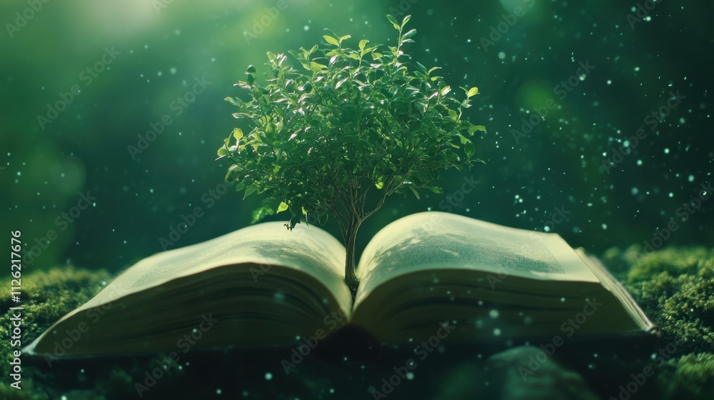 Poster growth mindset concept: open book with tree branches sprouting upward, surrounded by soft green and 