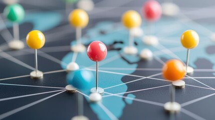 A world map with colorful pins marking different locations, representing the global reach of a team or organization.