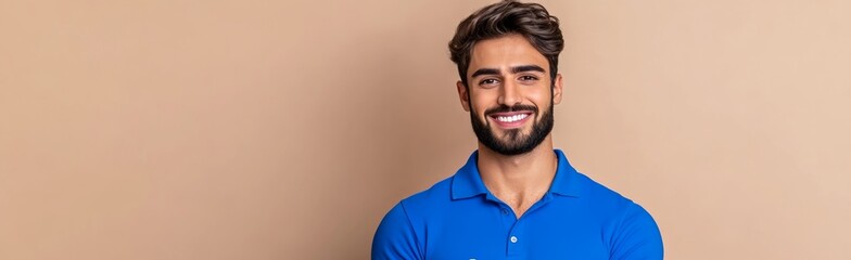Obraz premium Man with a beard and a blue shirt is smiling