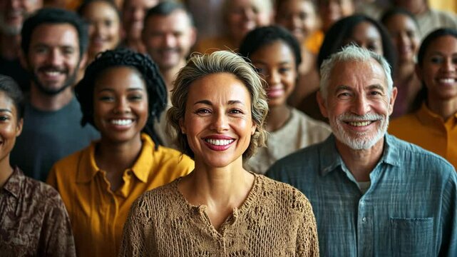 middle age Caucasian woman standing with other diverse people smiling standing together at city street, multicultural culture