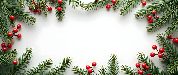 Fototapeta premium Festive card surrounded by evergreen branches and red berries on a light background.
