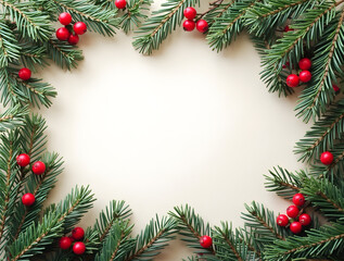 Festive card surrounded by evergreen branches and red berries on a light background.