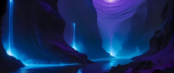Oilpainting of the Duat the Egyptian underworld depicted as a surreal landscape of dark rivers glowing spirits and eerie hues of violet black and blue
