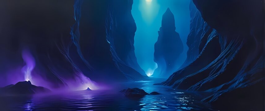 Oilpainting of the Duat the Egyptian underworld depicted as a surreal landscape of dark rivers glowing spirits and eerie hues of violet black and blue