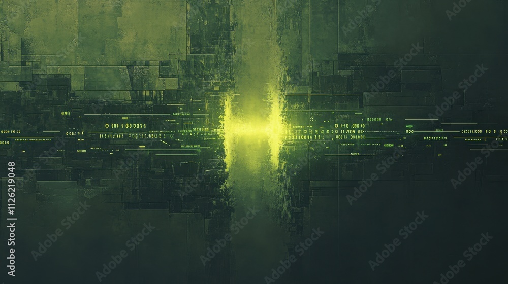 Aufkleber horizontal banner with neon green glowing text and binary numbers against a dark grunge backdrop.