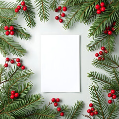 Festive card surrounded by evergreen branches and red berries on a light background.