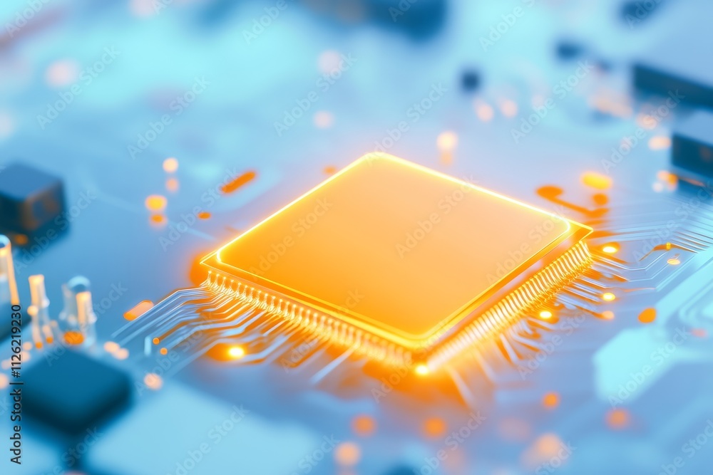 Poster a glowing microchip on a circuit board, showcasing advanced technology and intricate circuitry in a 