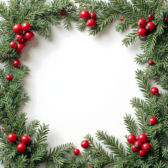 Festive card surrounded by evergreen branches and red berries on a light background.