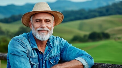 Fototapeta premium Man wearing a straw hat and blue denim jacket is smiling. He is posing for a picture in a field