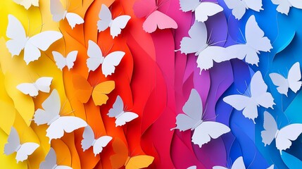 Colorful butterfly wall art with many butterflies of different colors and sizes. The butterflies are arranged in a way that creates a sense of movement and energy. Scene is vibrant and lively