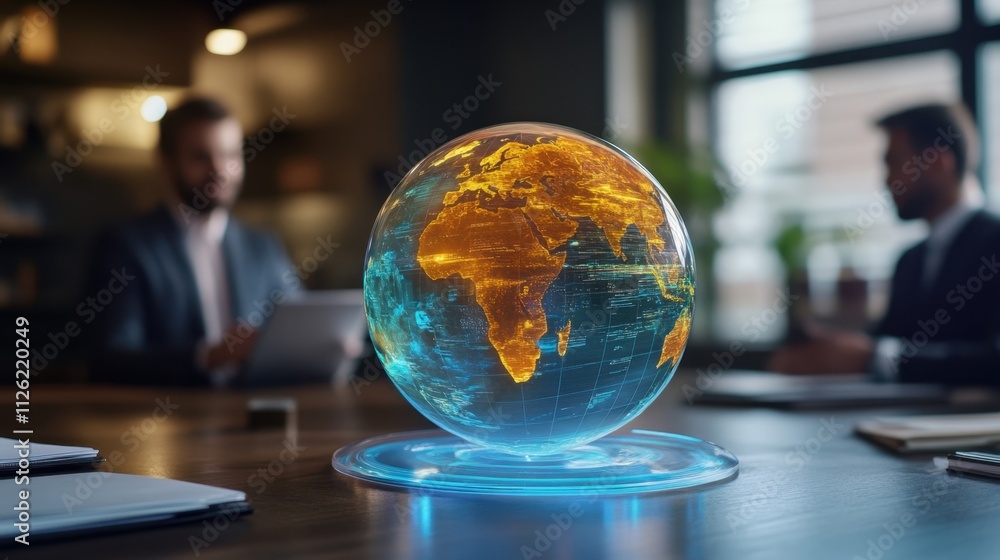 Poster interactive ar globe in a corporate meeting, blending physical space with digital global data visual
