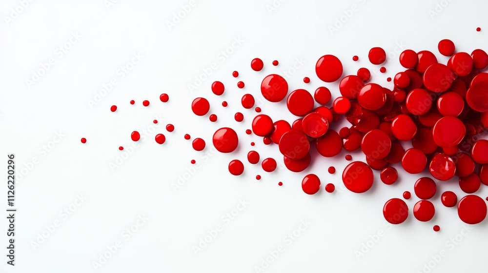 Poster red background with red dots scattered all over it. the dots are of different sizes and are placed i