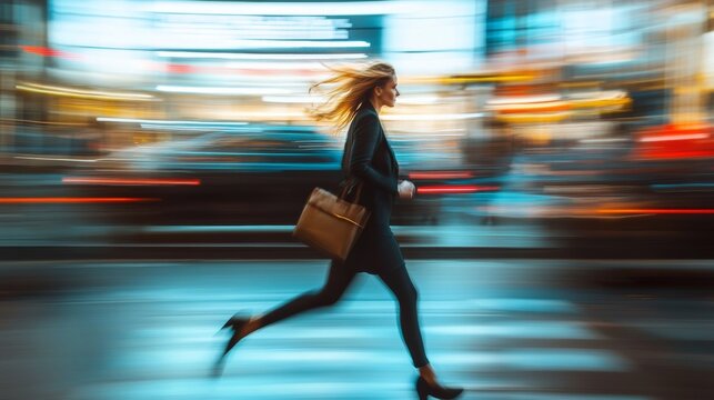 business woman hurry up and running in business city street for rush hour as motion blur