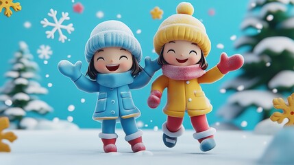 Fototapeta premium Colorful banner featuring two children in winter clothes joyfully playing in the snow. The kids are dressed warmly in coats, scarves, mittens, and boots, with snowflakes falling, illustration. 8k