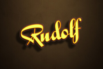 Yellow Neon Light Text Effect of Afrikaans name Rudolf on Golden background.