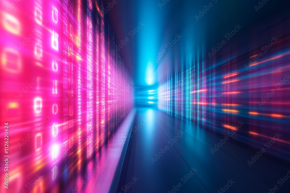 Poster a vibrant, abstract representation of digital data streams illuminated by blue and pink lights, crea