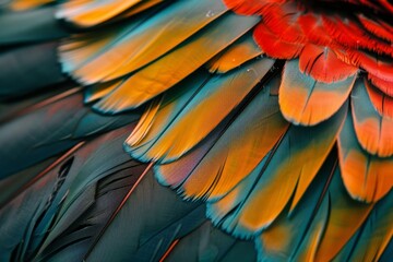Fototapeta premium A close view of brilliantly colored feathers reveals intricate patterns and textures, emphasizing the beauty of nature and avian diversity.