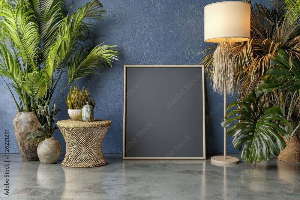 Poster soft natural light highlights an empty charcoal frame and boho-design furnishings.