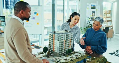 Business people, architect and team with 3D model for project planning or real estate design at office. Group, employee or interior designers with prototype for meeting or industrial development