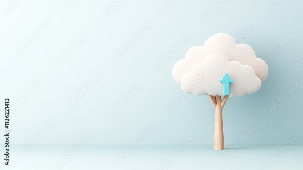 Poster a minimalist icon of a white cloud with a blue upward arrow, representing data uploading to a cloud 