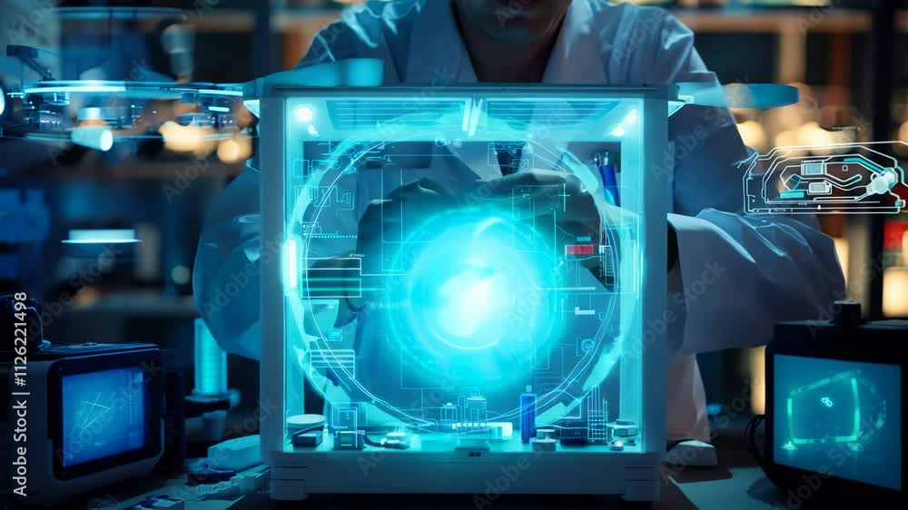 Poster scientist analyzing advanced holographic interface in hightech laboratory