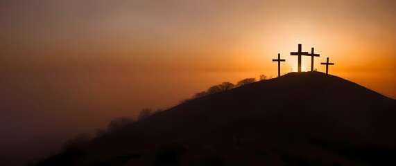 Radiant sunrise over a hill with three crosses silhouetted vivid orange and gold hues symbolizing hope and resurrection