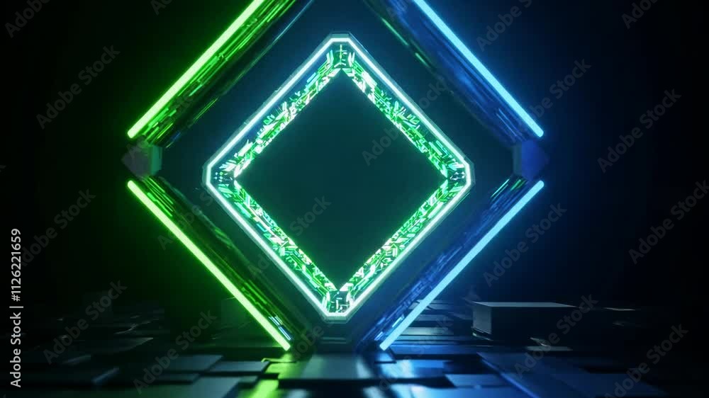 Poster futuristic neon rhombus with pulsating lights in a dark scifi environment