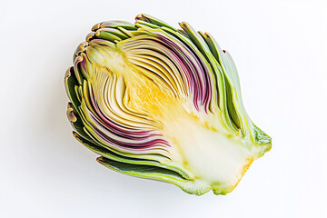 Obraz premium Selective focus cut section of fresh artichoke isolated on white background, Close up shot sliced of artichoke blossom on white.