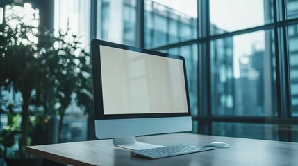 Fototapeta premium Modern Computer Setup Near Large Office Windows
