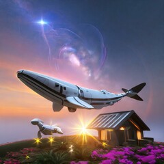 고요하고 빛나는 밤하늘을 나는 거대한 기계 고래, 꽃이 핀 초원 위 따듯한 느낌의 오두막 집 일러스트. 03