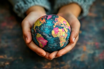 Hands cradling a colorful globe highlighting continents and countries on a textured surface