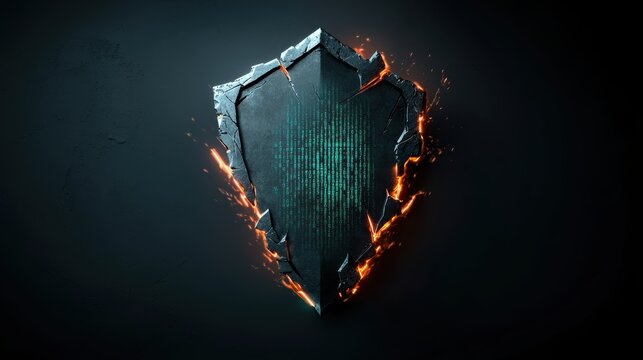 A futuristic shield icon with binary code flowing around its edges and a glowing firewall symbol in the center.