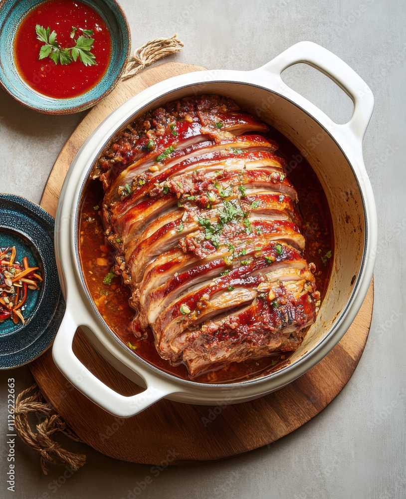 Wall mural delicious juicy roast pork in large white pot