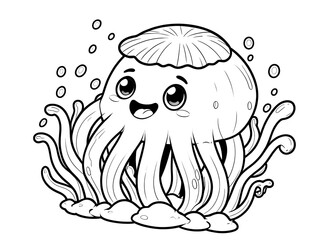 Fototapeta premium Adorable Cartoon Jellyfish Coloring Page: Happy Underwater Creature